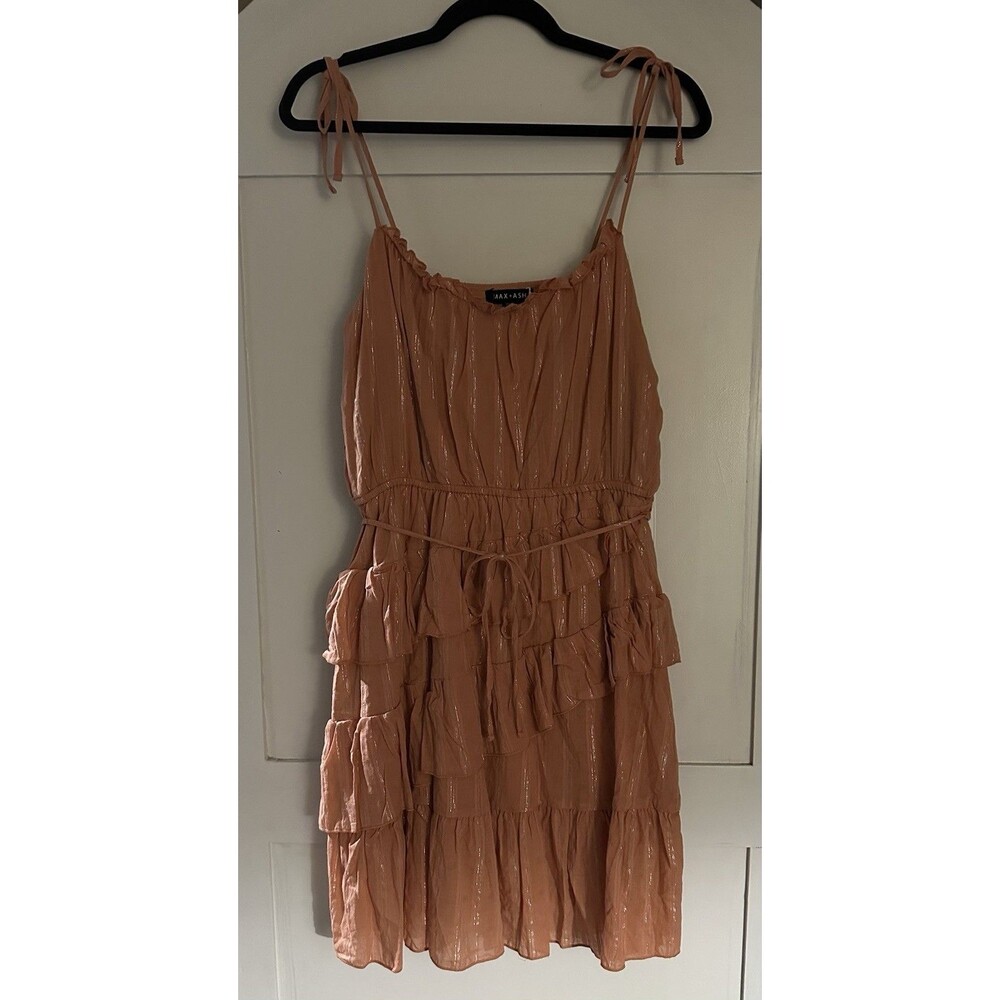 Max+Ash Boho Tiered Mini Dress Peach Tie Strap Ruffle Summer Dress L